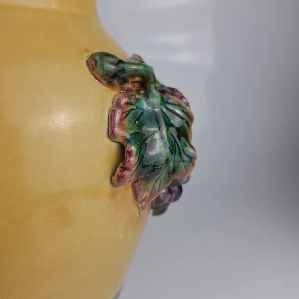 Pacific Rim Ceramic Amphora Vase Grape Leaf Relief Yellow Green Two Handle Large